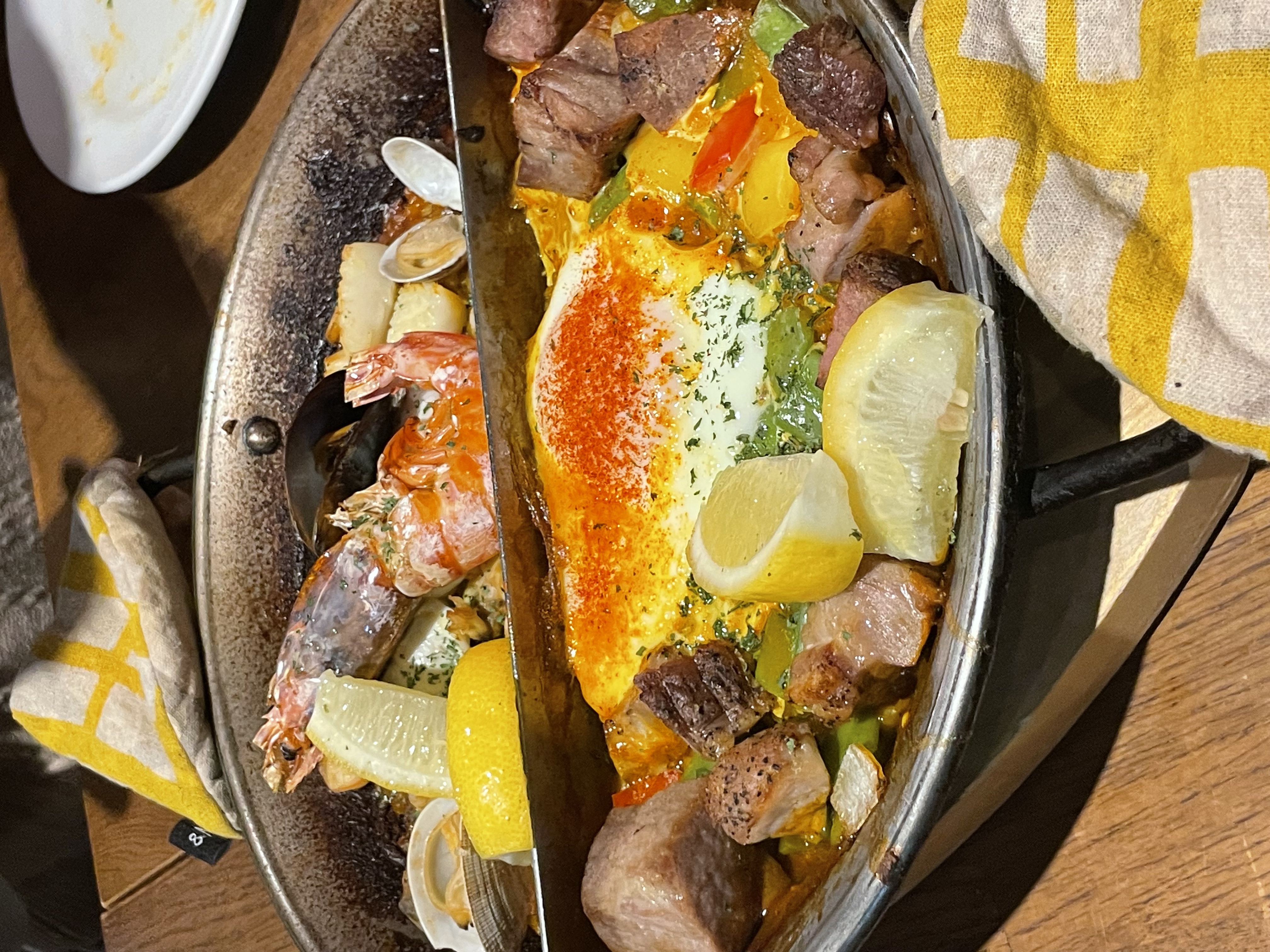A pan of seafood and rice