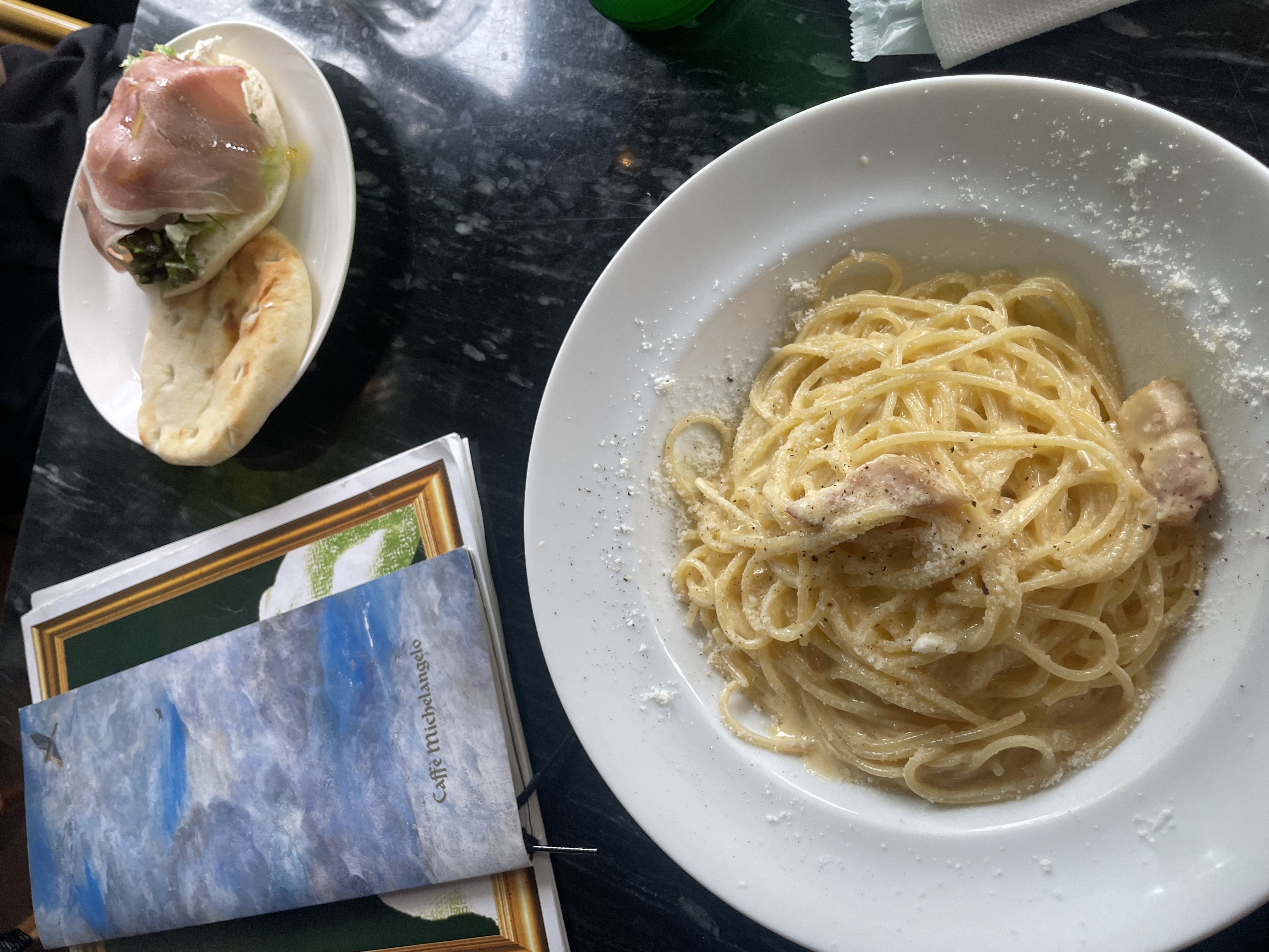Pasta and a sandwich